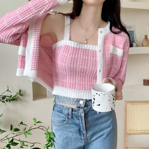 Elegant Plaid Round Neck Soft Knitted Cardigan Sweater with Tank Top Set